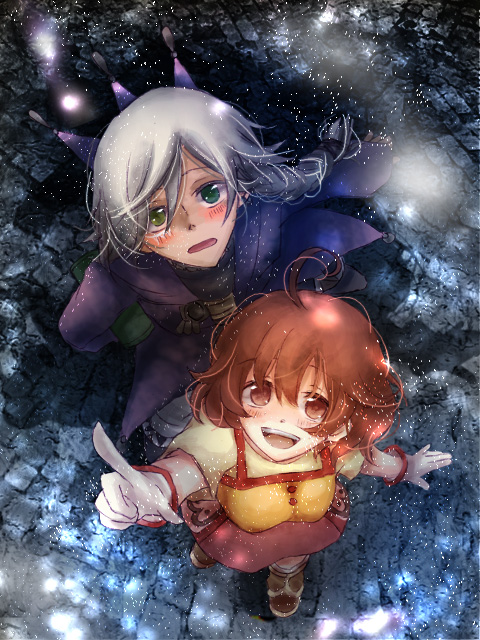 1girl, bad_id, brown_eyes, brown_hair, couple, dark_skin, gale_(harvest_moon), gloves