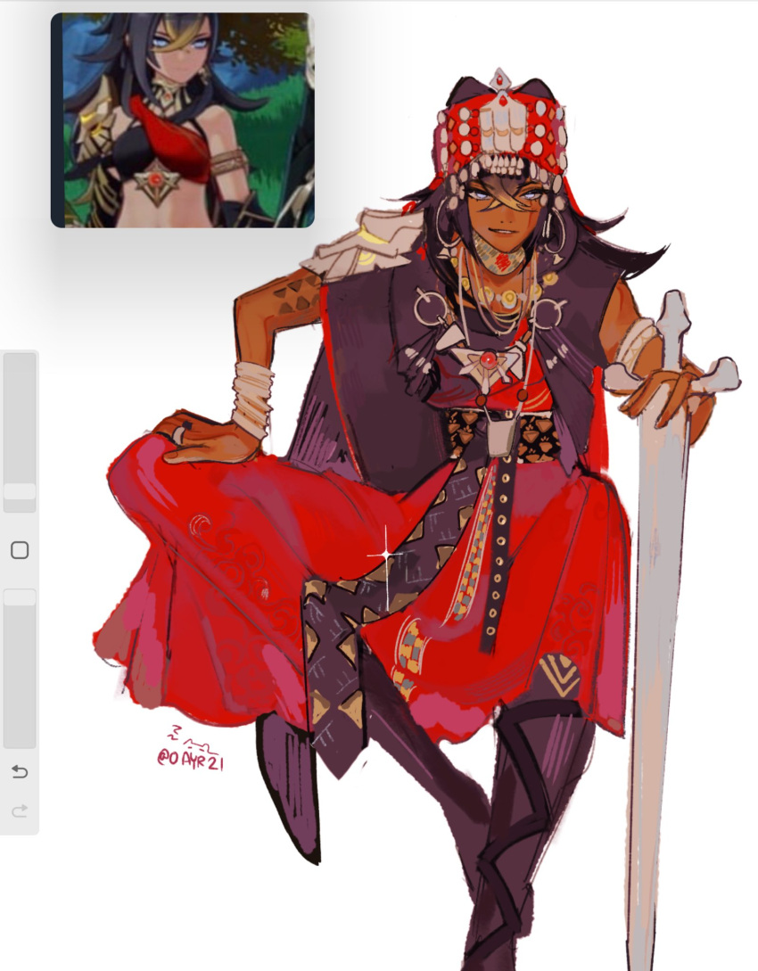 1girl, african_clothes, alternate_costume, amazigh_clothes, artist_name, black_hair, blonde_hair, blue_eyes