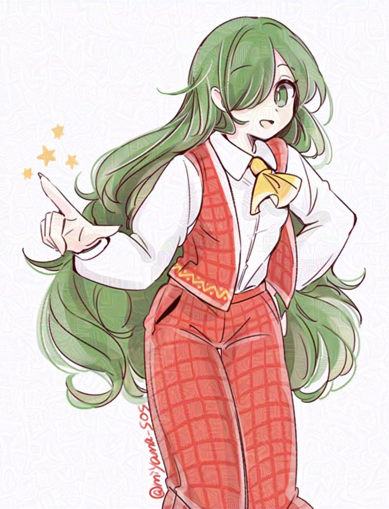 1girl, artist_name, ascot, collared_shirt, commentary_request, fingernails, green_eyes, green_hair, hair_over_one_eye, hand_on_own_hip, hand_up, index_finger_raised, kazami_yuuka, kazami_yuuka_(pc-98), long_fingernails, long_hair, long_sleeves, looking_at_viewer, open_clothes, open_mouth, open_vest, pants, plaid_clothes, plaid_pants, plaid_vest, puffy_long_sleeves, puffy_sleeves, red_pants, red_vest, shirt, simple_background, smile, solo, standing, star_(symbol), tama_(hiroshige_36), touhou, touhou_(pc-98), vest, white_background, white_shirt, yellow_ascot