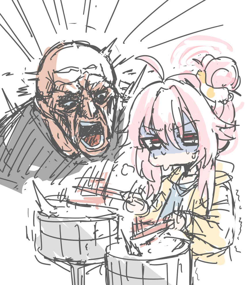 1boy, 1girl, absurdres, ahoge, bald, blue_archive, drumming, halo