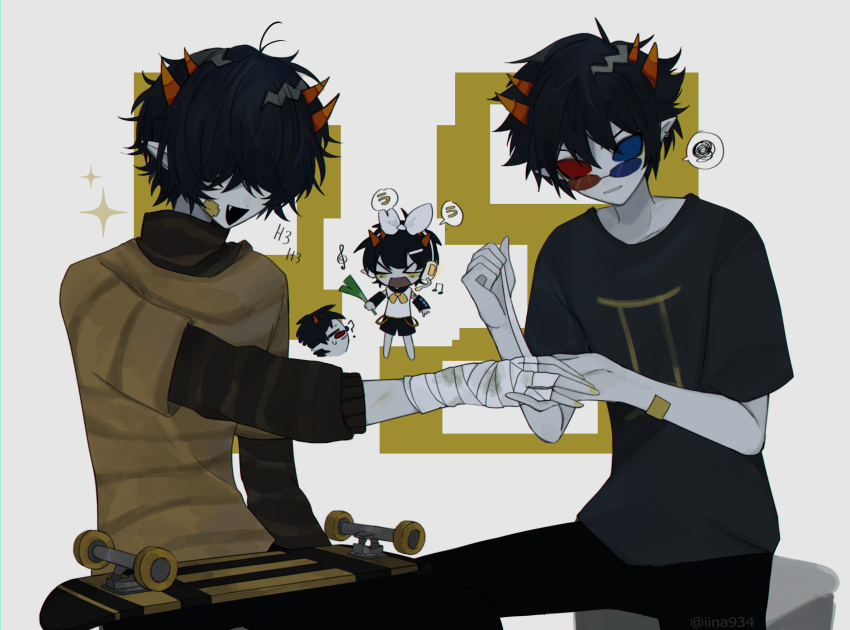 >_<, 2boys, =_=, ?, alternate_costume, annoyed, applying_bandages, archived_source