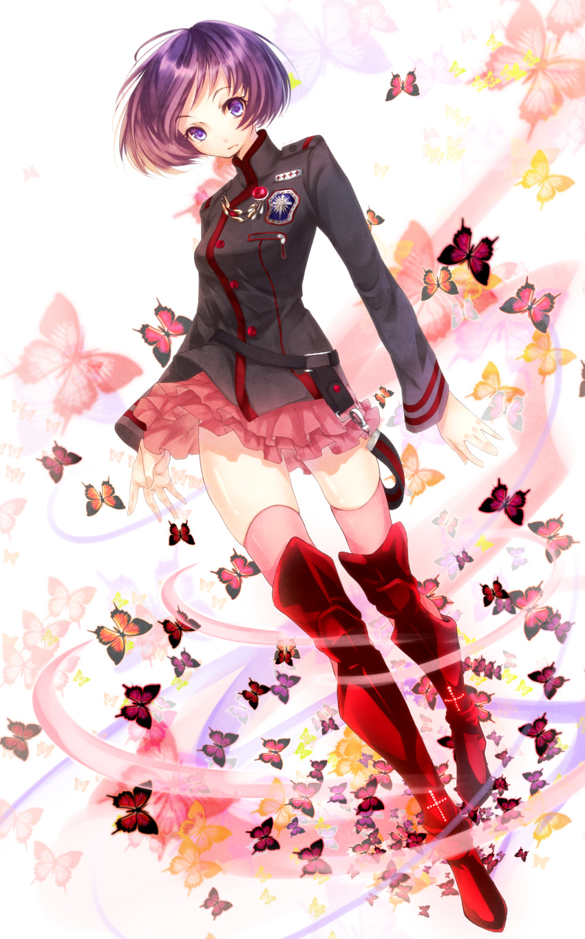 bad_id, black_hair, boots, butterfly, d.gray-man, dutch_angle, highres, lenalee_lee, minipoyo, murasawa_kyara, purple_eyes, purple_hair, short_hair, skirt, solo, thigh-highs, thighhighs, uniform, zettai_ryouiki