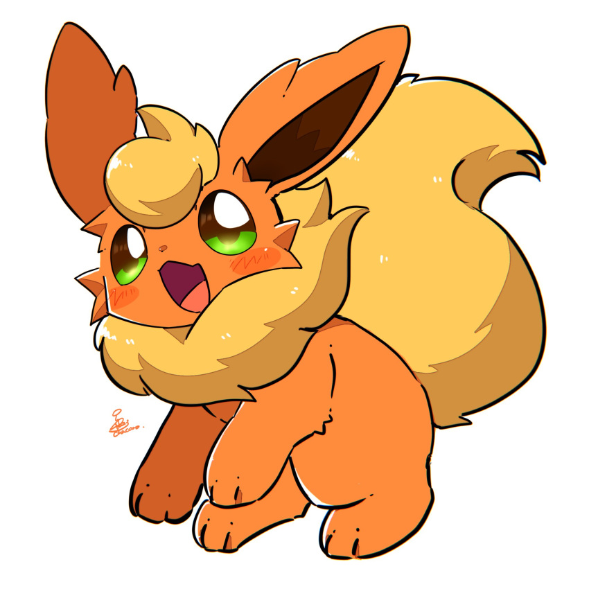 animal, animal_focus, blonde_hair, blush, chacoro_pokemon, flareon, full_body, green_eyes