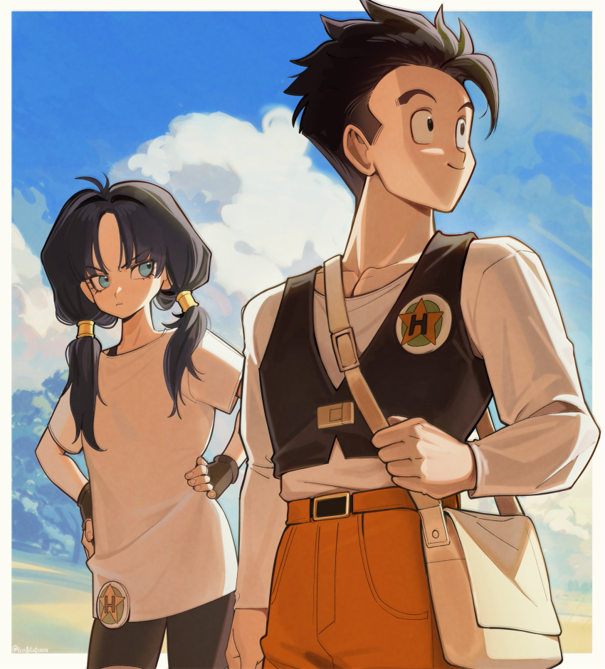 1boy, 1girl, absurdres, black_hair, black_shorts, black_vest, brown_pants, cowboy_shot