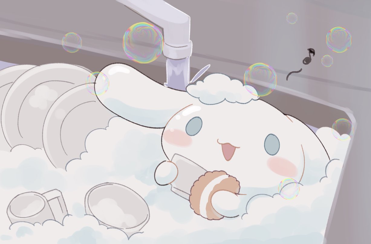 blue_eyes, blush, blush_stickers, bubble, cinnamoroll, cleaning, cup, dog, floppy_ears, fuwa_fuwa_cinnamoroll, mug, musical_note, no_humans, open_mouth, plate, reimentyuru, sanrio, sink, smile, solo, sponge, water