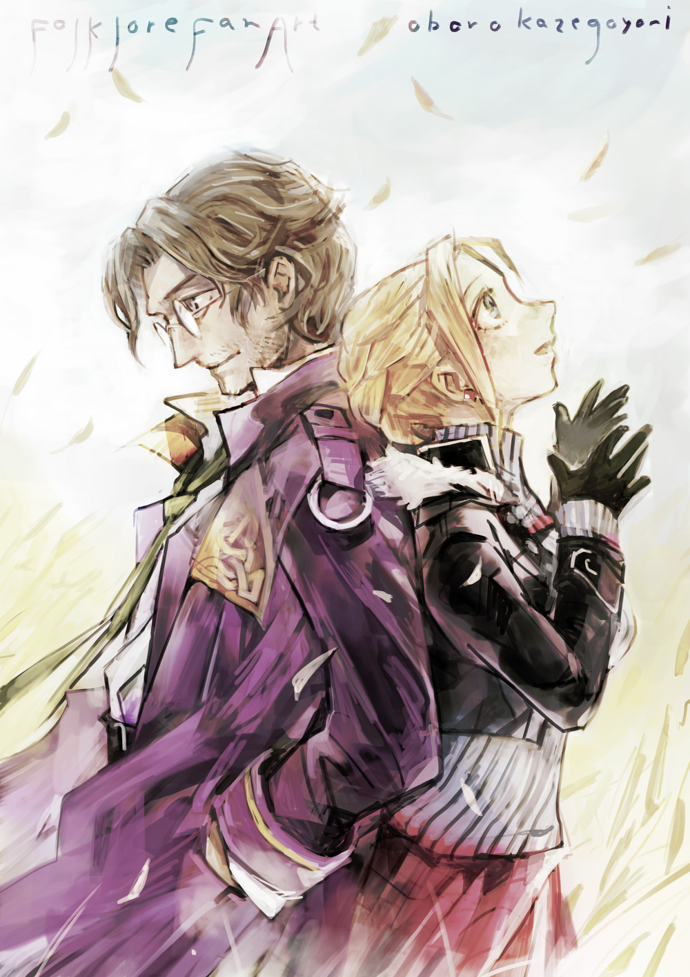 1boy, 1girl, 2019, black_gloves, blonde_hair, brown_hair, coat, coat_pouch