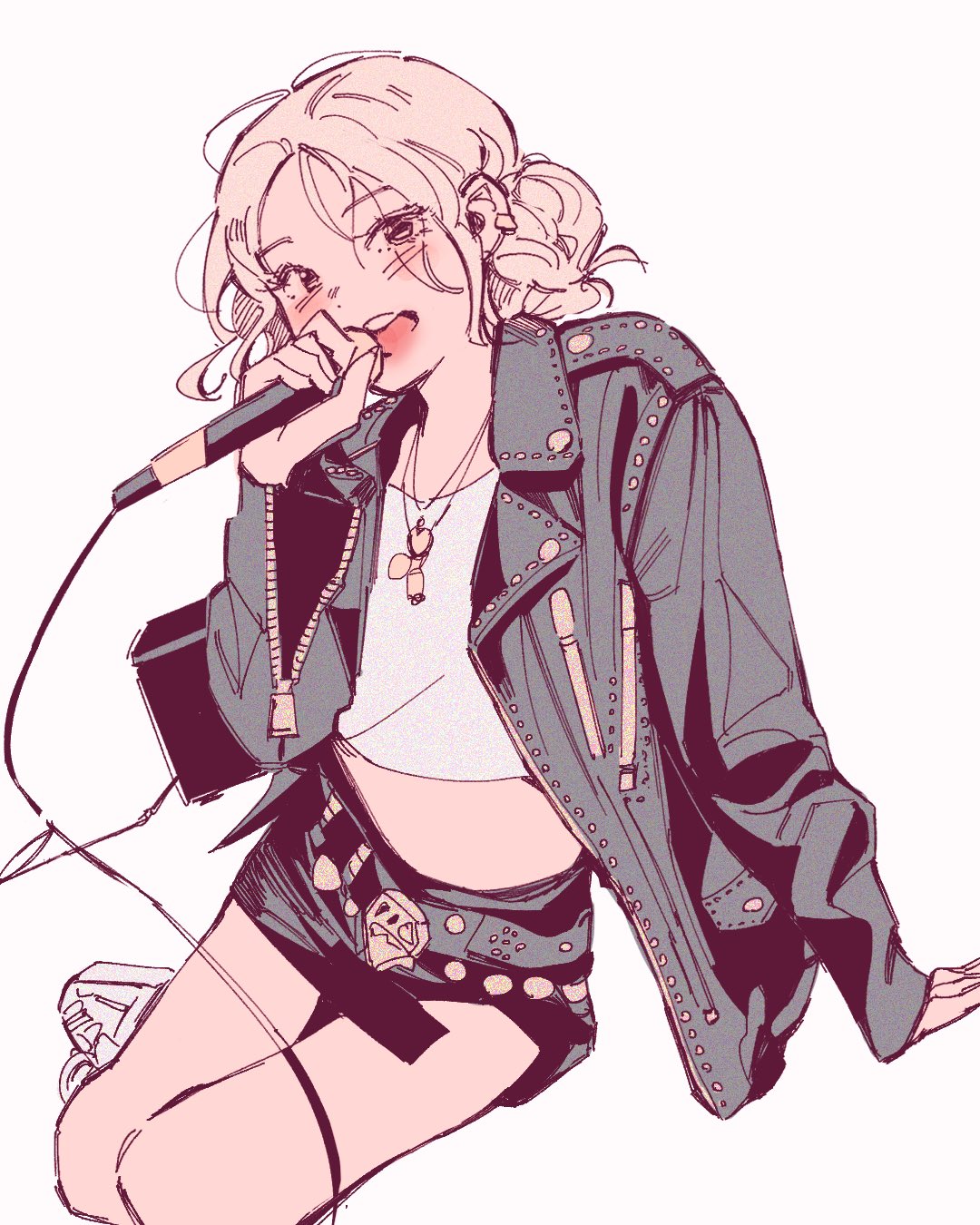 1girl, apt._(rose_&amp;_bruno_mars), black_jacket, black_skirt, blonde_hair, blush, cable, commentary, double_bun, hair_bun, hand_rest, hashtag-only_commentary, highres, holding, holding_microphone, jacket, jewelry, leather, leather_jacket, looking_at_viewer, microphone, midriff, miniskirt, music, necklace, open_mouth, polo_tokki, real_life, rose_(blackpink), shirt, simple_background, singing, sitting, skirt, solo, white_background, white_shirt, zipper