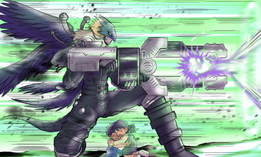 1girl, 2boys, ai_(digimon_tamers), arm_cannon, beelzebumon_blast_mode, black_jacket, black_pants, black_shirt