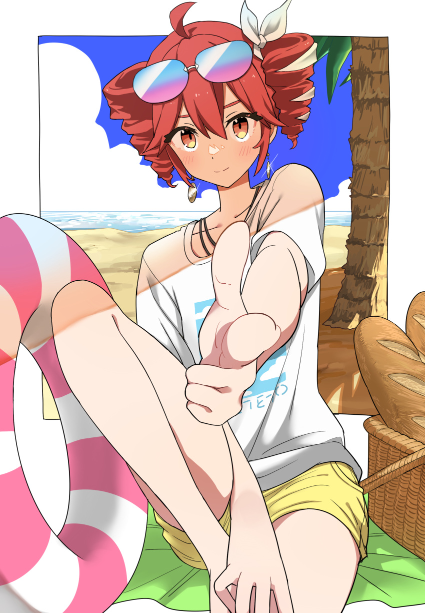 1girl, absurdres, ahoge, alternate_costume, baguette, basket, beach, blue_sky