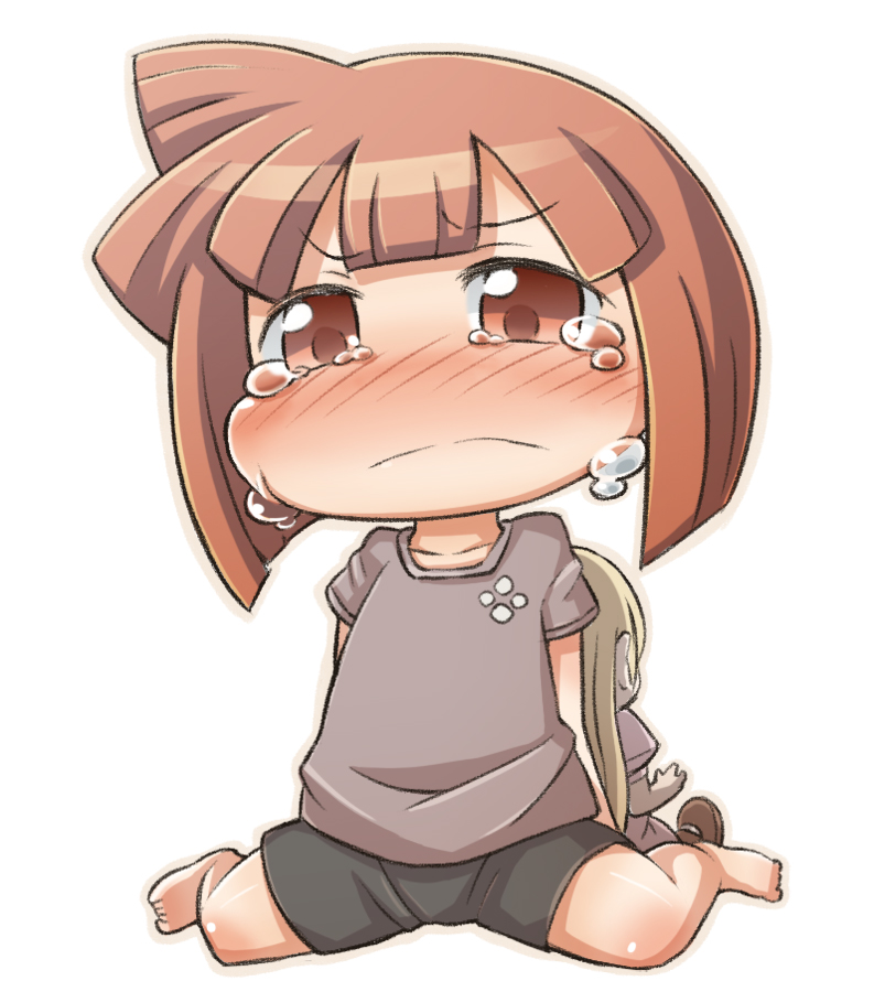 barefoot, blush, brown_eyes, brown_hair, casual, chibi, doll, gunjima_souichirou