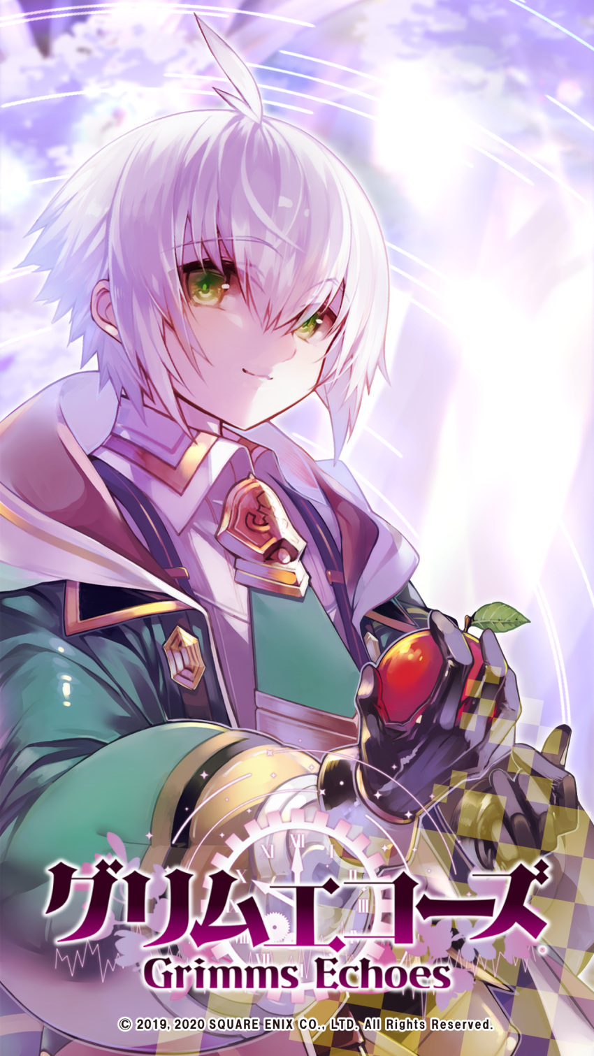 1boy, ahoge, apple, black_gloves, copyright_name, copyright_notice, el_(grimms_echoes), food, fruit, gloves, grimms_echoes, highres, holding, holding_food, holding_fruit, hosato_mikine, male_focus, official_art, official_wallpaper, puffy_sleeves, short_hair, smile, solo, upper_body, white_hair, yellow_eyes