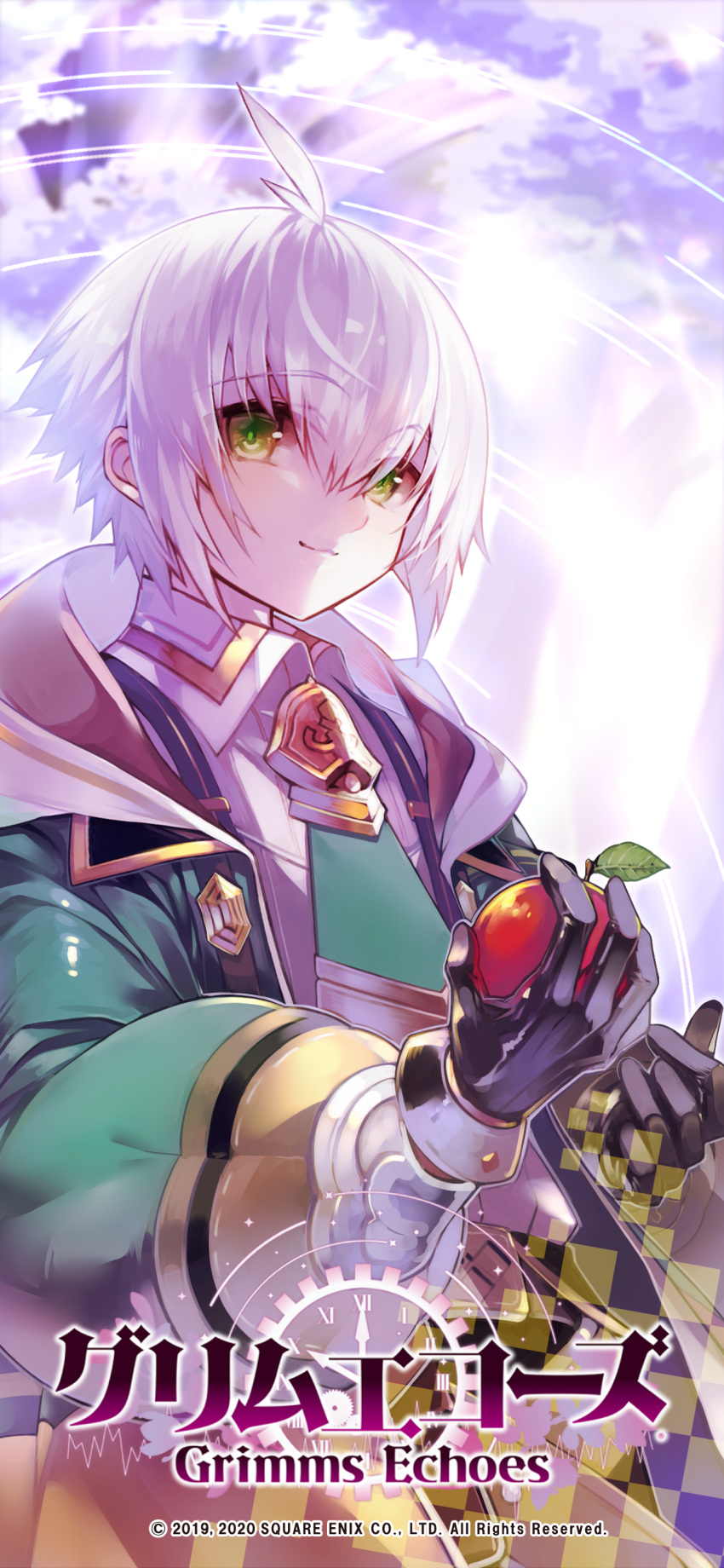 1boy, absurdres, ahoge, apple, black_gloves, copyright_name, copyright_notice, el_(grimms_echoes)