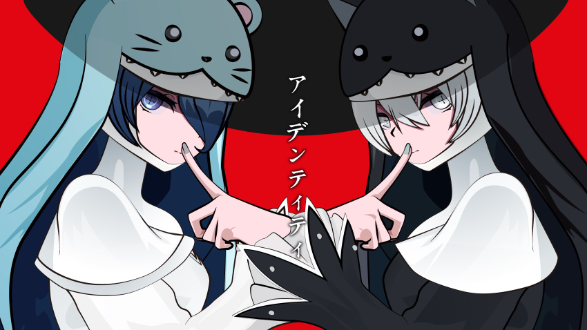 2girls, absurdres, black_dress, blue_eyes, blue_hair, cross-shaped_pupils, digimon, digimon_(creature)