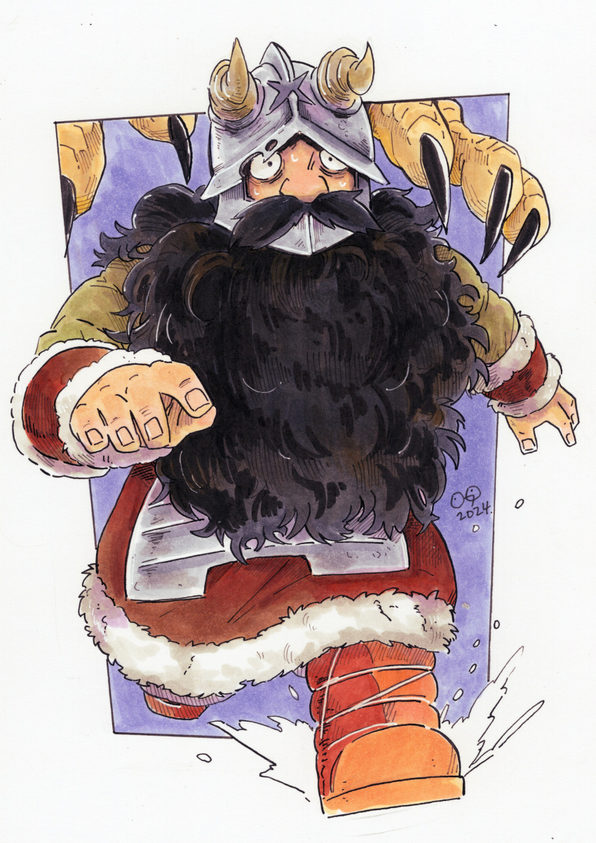 1boy, absurdres, beard, black_hair, boots, dated, dungeon_meshi, facial_hair