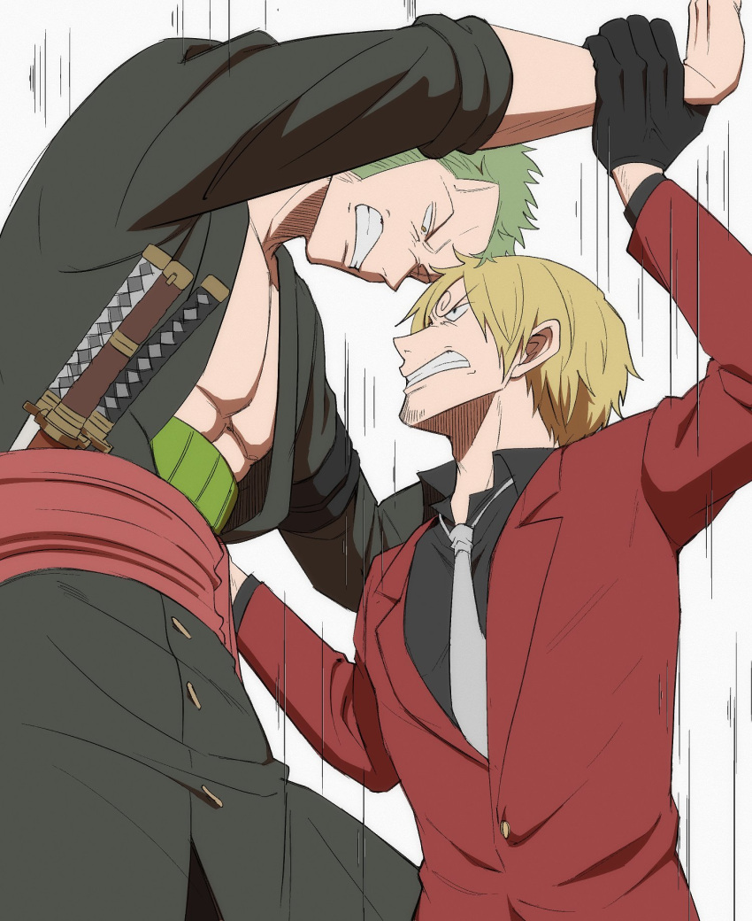 2boys, abs, black_gloves, black_shirt, blonde_hair, clenched_teeth, gloves, green_eyes