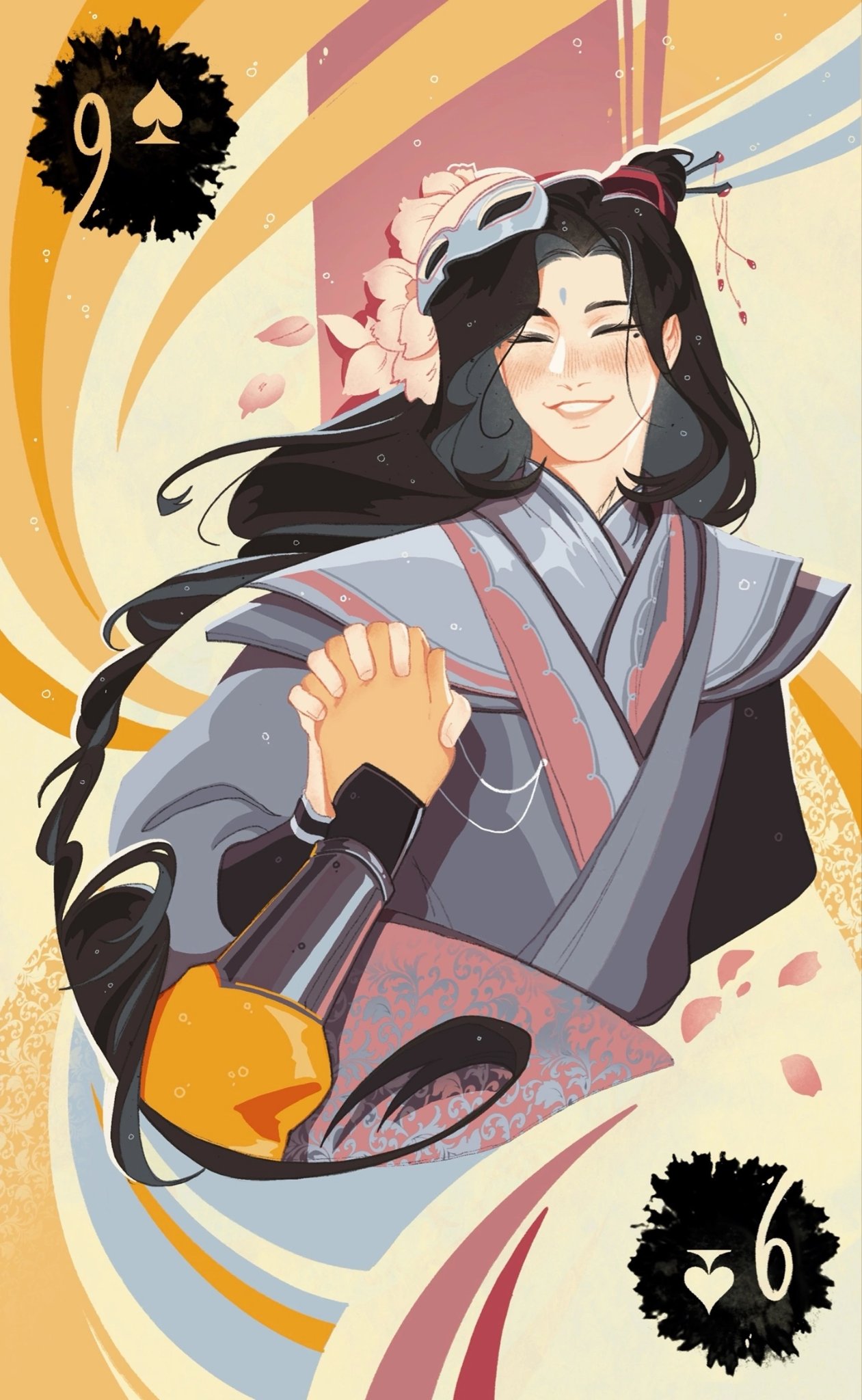 2boys, abstract_background, amonimy, black_hair, blush, card, card_(medium), closed_eyes