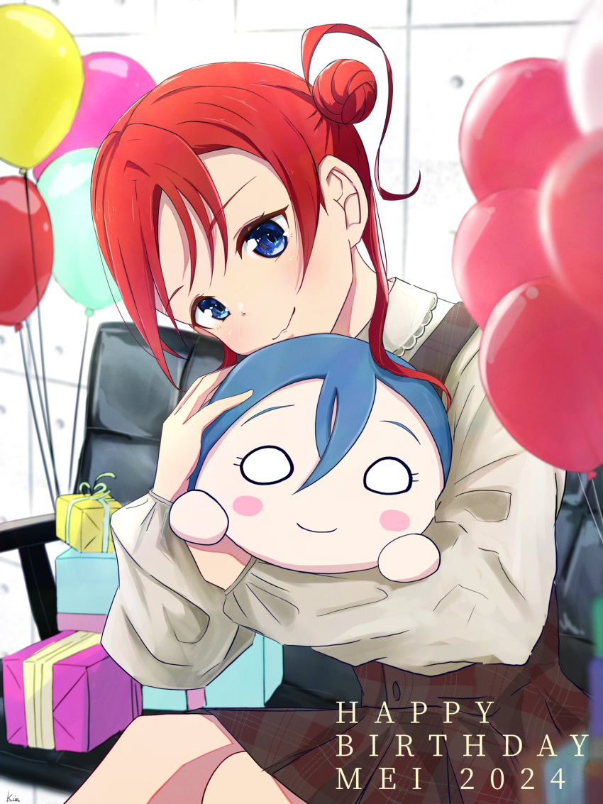 1girl, balloon, blue_eyes, blue_hair, blush, blush_stickers, brown_dress, character_doll