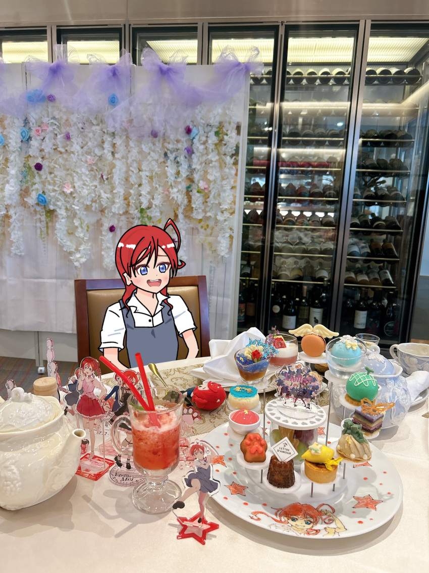 1girl, :d, absurdres, acrylic_stand_(object), blue_eyes, character_doll, collared_shirt, commentary_request, dress, dress_shirt, drink, food, food_request, grey_dress, hair_bun, highres, indoors, love_live!, love_live!_superstar!!, macaron, nanoka_(channano), on_chair, open_mouth, photo_background, pinafore_dress, redhead, school_uniform, shirt, short_hair_with_long_locks, short_sleeves, single_side_bun, sitting, sleeveless, sleeveless_dress, smile, solo, summer_uniform, teapot, teeth, tiered_tray, upper_teeth_only, white_shirt, yoneme_mei, yuigaoka_school_uniform