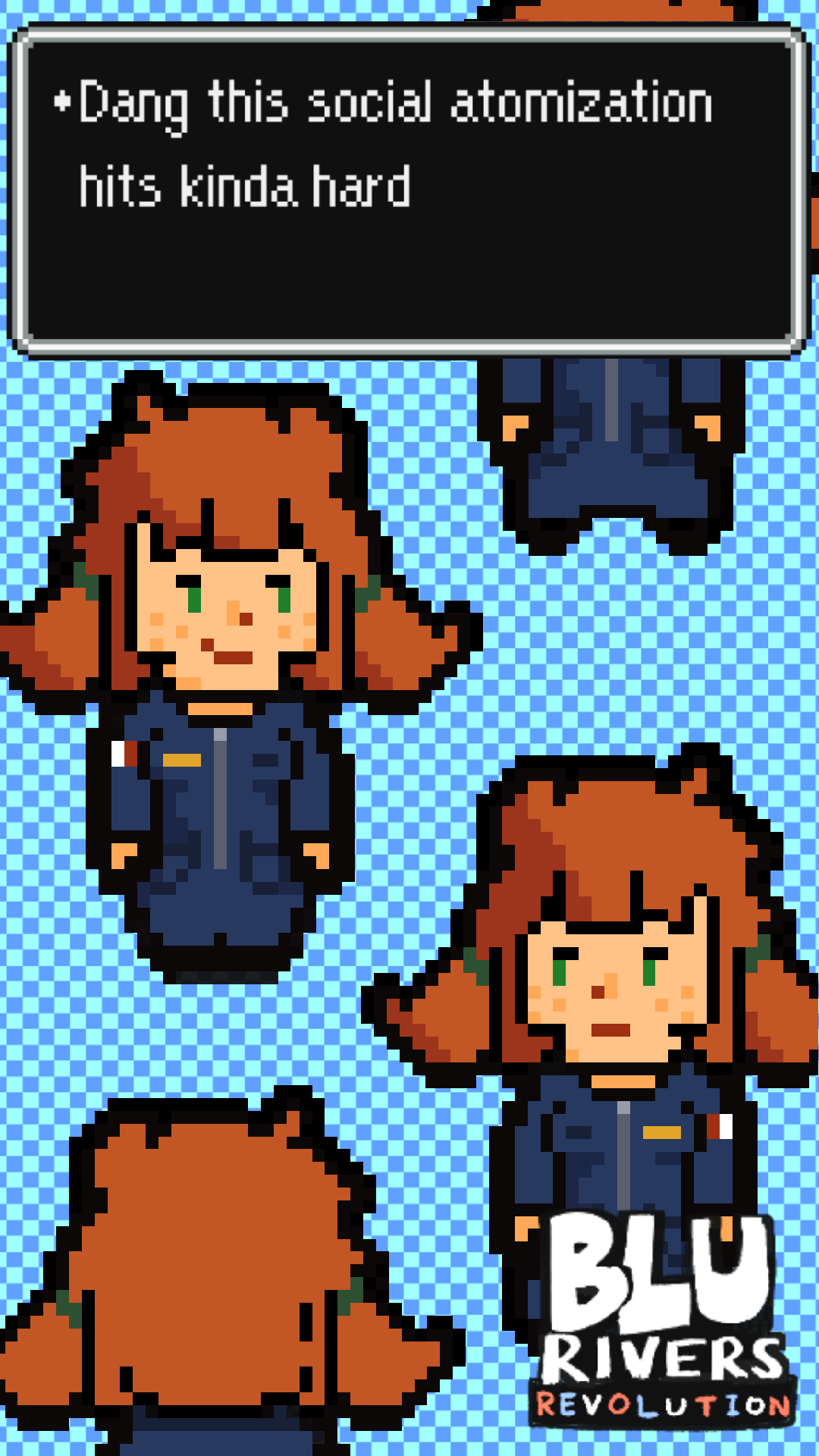 1girl, armband, blu_rivers_(hirotonfa), blue_jumpsuit, breasts, english_text, fluffy_hair, freckles, green_eyes, highres, hirotonfa, jumpsuit, medium_breasts, mother_(series), mother_2, original, parody, pixel_art, redhead, short_twintails, smile, speech_bubble, sprite, sprite_art, style_parody, twintails