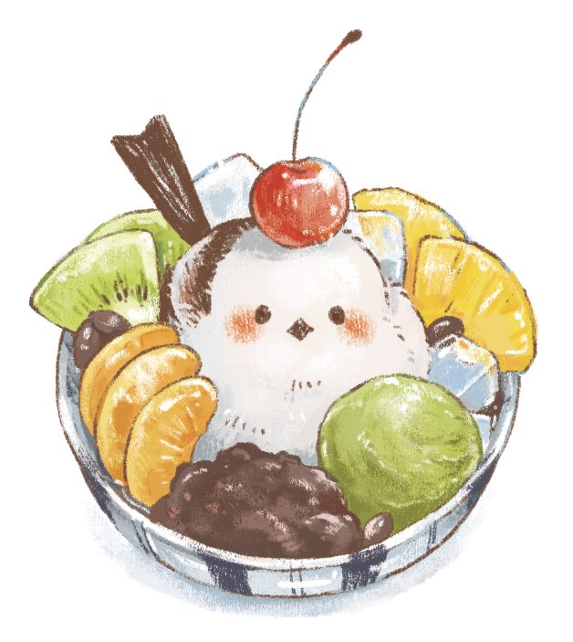 animal, bird, cherry, food, food_focus, fruit, ice_cream, kiwi_(fruit), kiwi_slice, long-tailed_tit, matcha_(food), natsumipiyo, no_humans, original, pineapple, pineapple_slice, tit_(bird)