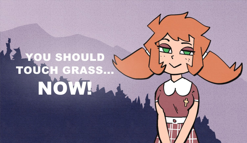 1girl, blu_rivers_(hirotonfa), dress, english_text, flat_color, fluffy_hair, forest, freckles