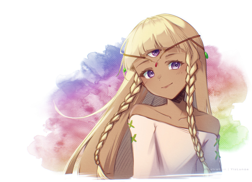 1girl, artist_name, bare_shoulders, blonde_hair, blunt_bangs, braid, circlet, dark-skinned_female, dark_skin, eupha_(metaphor:_refantazio), highres, long_hair, looking_to_the_side, metaphor:_refantazio, nealayiskah, off_shoulder, side_braids, smile, third_eye, upper_body, violet_eyes, white_background