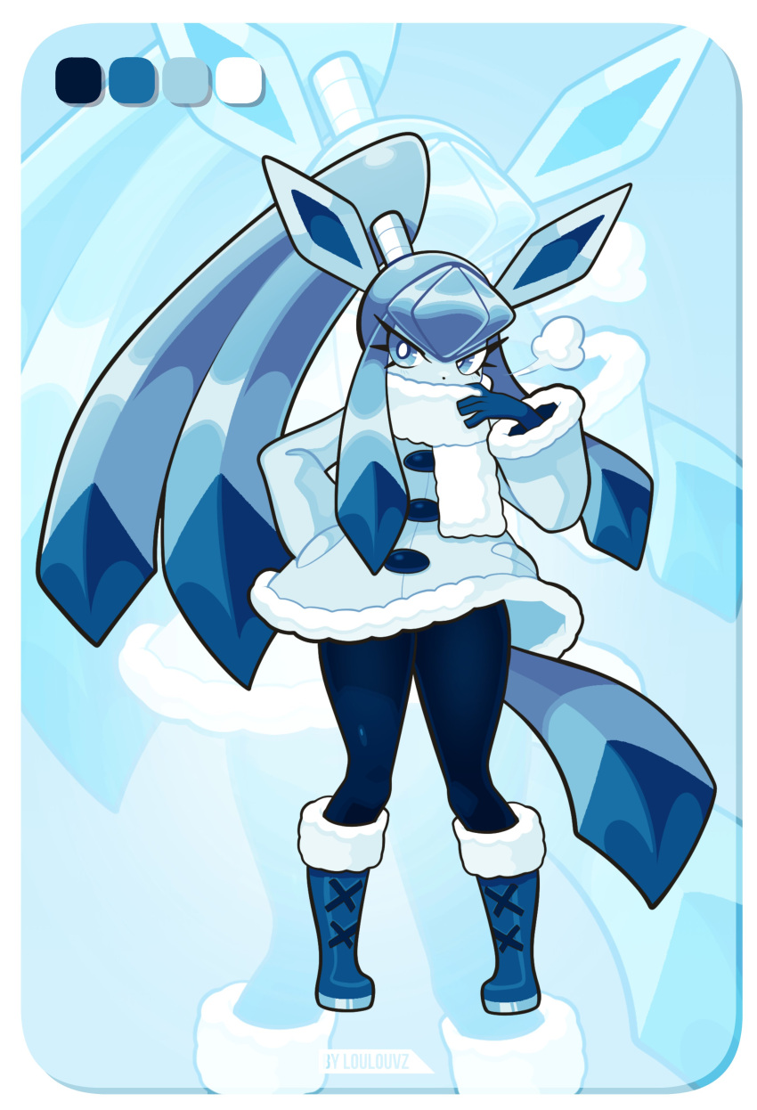 1girl, absurdres, animal_ears, black_pants, blue_eyes, blue_footwear, blue_fur, blue_hair
