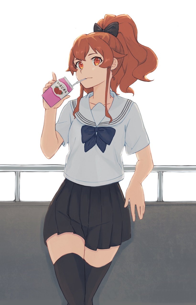 1girl, against_railing, black_skirt, black_thighhighs, blue_ribbon, breasts, contemporary, drinking