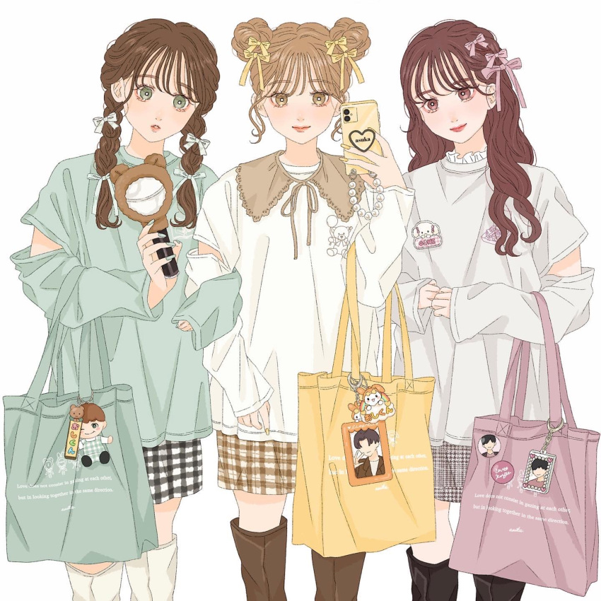 3girls, aegyo_sal, asuka_(a20_suka002018), bag, bag_charm, braid, brown_hair, cellphone