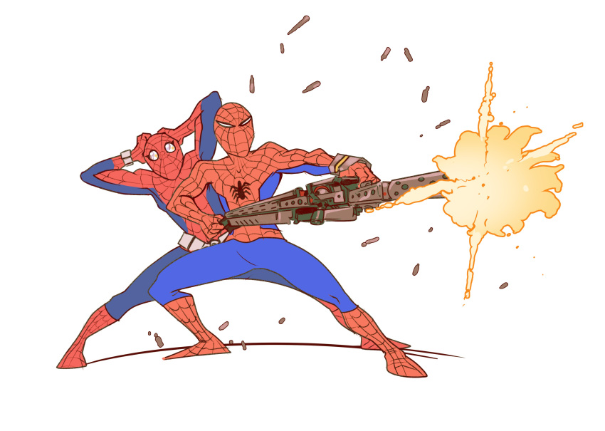 2boys, absurdres, animal_print, blue_bodysuit, bodysuit, covered_face, dual_persona, explosion, finger_on_trigger, firing, gun, hands_on_own_head, highres, holding, holding_gun, holding_weapon, machine_gun, marvel, mask, multiple_boys, peter_parker, phil_dragash, print_bodysuit, red_bodysuit, shell_casing, skin_tight, spider-man, spider-man_(series), spider-man_(toei), spider_print, sunrise, superhero_costume, two-tone_bodysuit, weapon, web_shooter, white_background, yamashiro_takuya, zentai