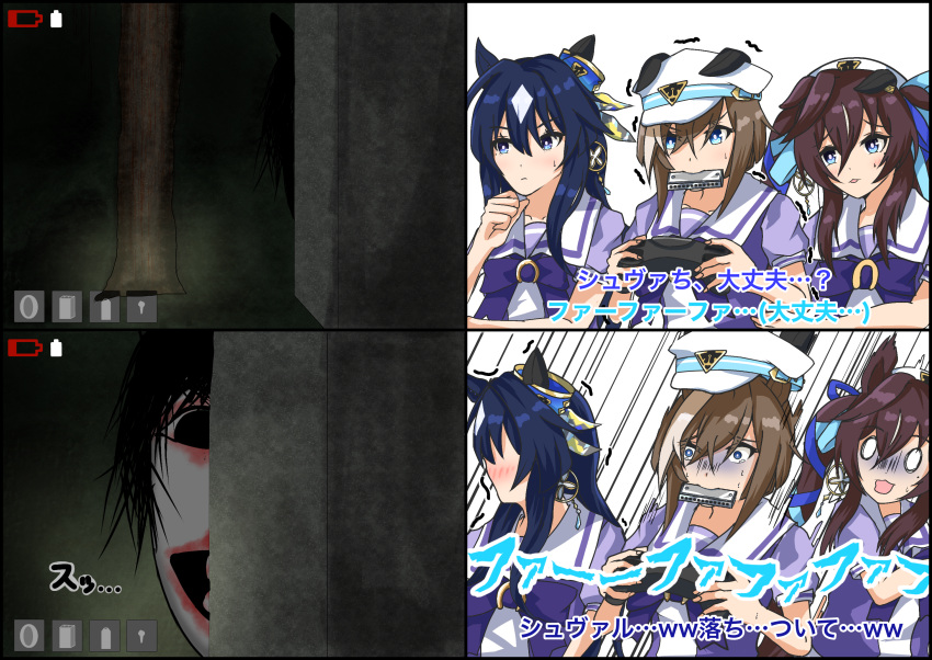 3girls, animal_ears, blue_eyes, blue_hair, brown_hair, cheval_grand_(umamusume), deathforest_kyoufu_no_mori, harmonica