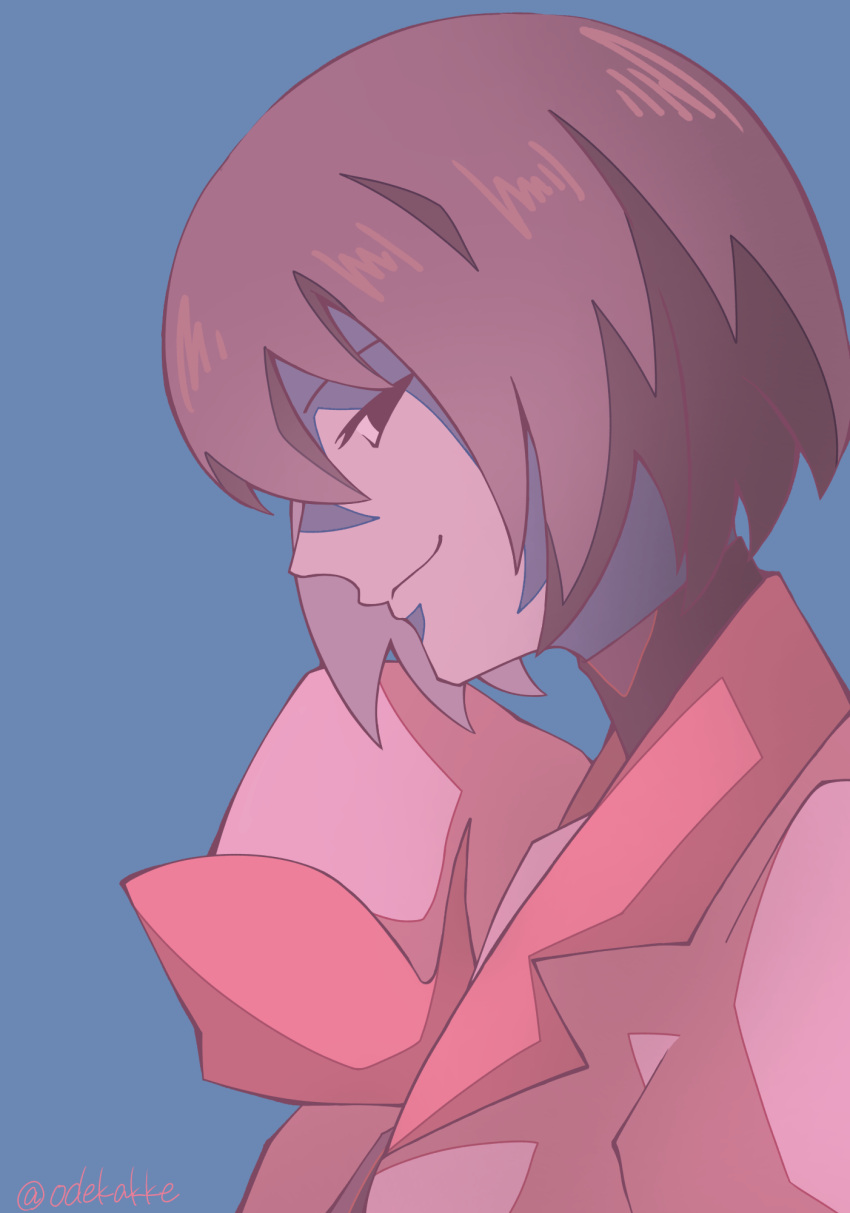1girl, artist_name, black_eyes, black_hair, black_undershirt, blue_background, bob_cut, close-up