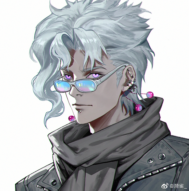 1boy, asymmetrical_bangs, black_jacket, blue-tinted_eyewear, buttons, character_request, chinese_commentary, closed_mouth
