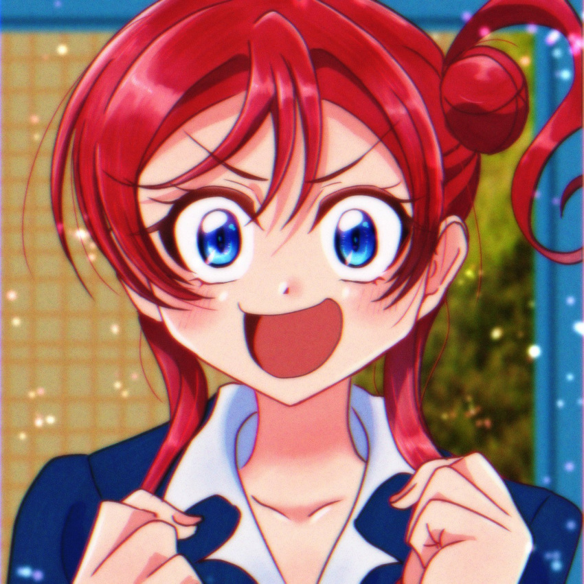1girl, :d, blue_eyes, blue_jacket, blurry, blurry_background, blush, clenched_hands, collared_shirt, commentary_request, dress_shirt, film_grain, hair_bun, highres, jacket, light_particles, love_live!, love_live!_superstar!!, open_mouth, portrait, redhead, rindaypdx, shirt, short_hair_with_long_locks, single_side_bun, smile, solo, v-shaped_eyebrows, white_shirt, yoneme_mei