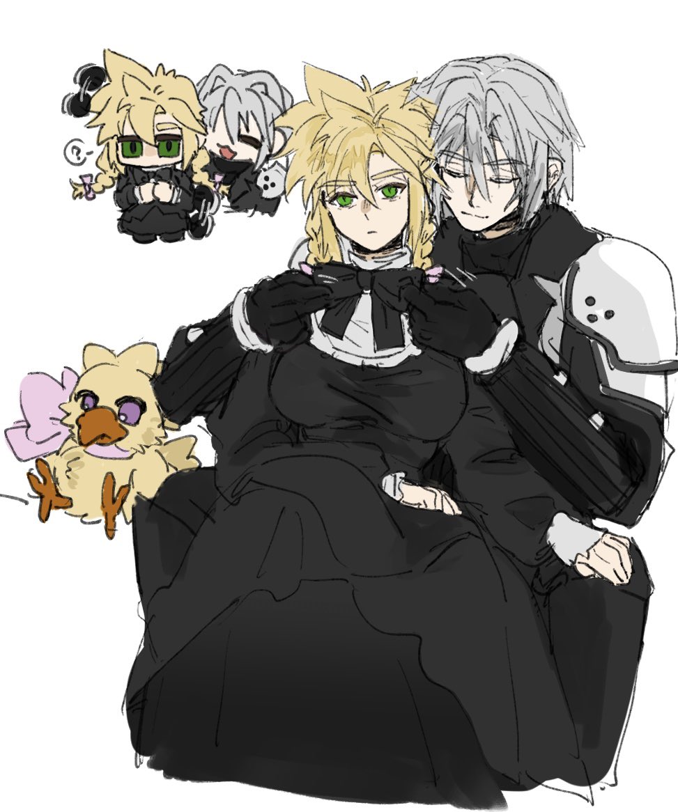 1boy, 1girl, ?, adjusting_another's_clothes, arm_armor, armor, between_legs, black_bow