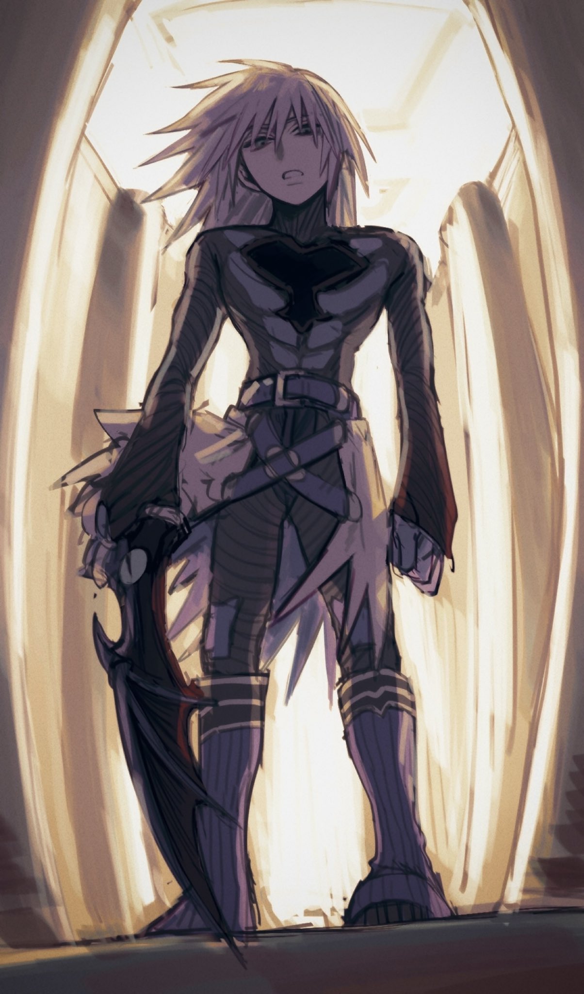 1boy, belt, blue_belt, blue_eyes, bodysuit, boots, column, dutch_angle, full_body, highres, holding, holding_weapon, indoors, keyblade, kingdom_hearts, kingdom_hearts_chain_of_memories, knee_boots, long_hair, looking_down, male_focus, multiple_belts, nishinsobha, pillar, riku_replica, skin_tight, solo, waist_cape, weapon, white_hair