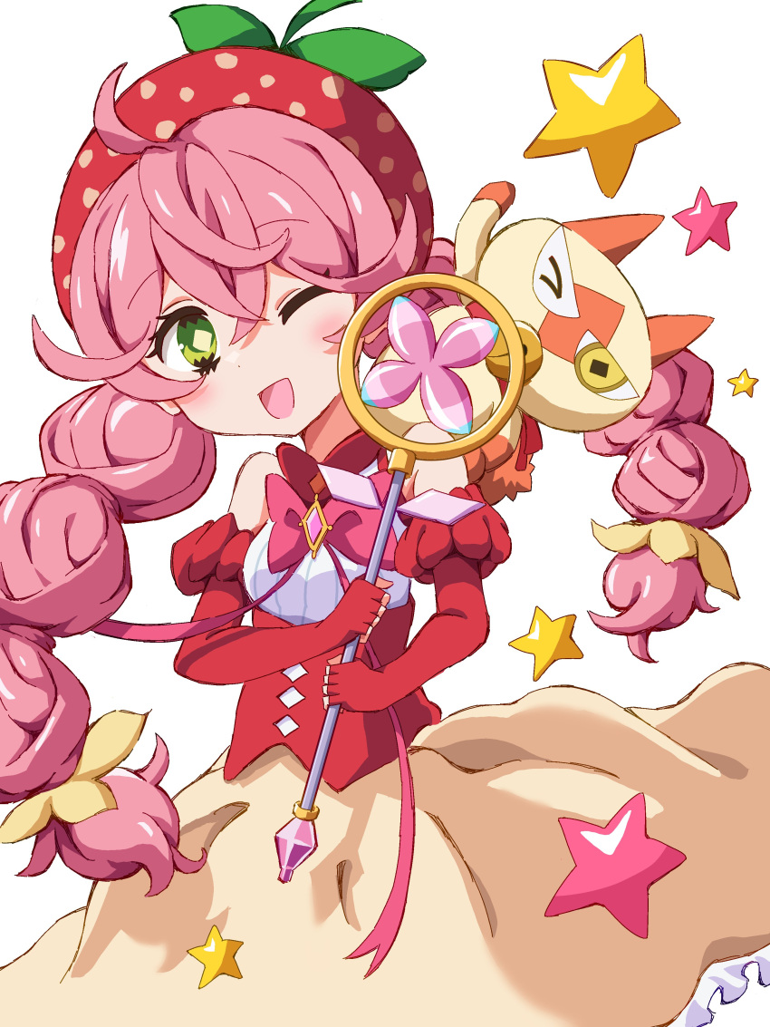 1boy, 1girl, absurdres, acro_trip, ahoge, animal_ears, berry_blossom, bow, bowtie, braid, c02m0s, cat, cat_ears, corset, diamond-shaped_pupils, diamond_(shape), elbow_gloves, fingerless_gloves, frilled_skirt, frills, gloves, green_eyes, highres, holding, holding_wand, long_hair, looking_at_viewer, magical_girl, mashirou, one_eye_closed, open_mouth, pink_bow, pink_bowtie, pink_hair, red_corset, red_gloves, skirt, strawberry_hat, symbol-shaped_pupils, thick_eyelashes, twin_braids, wand, yellow_eyes