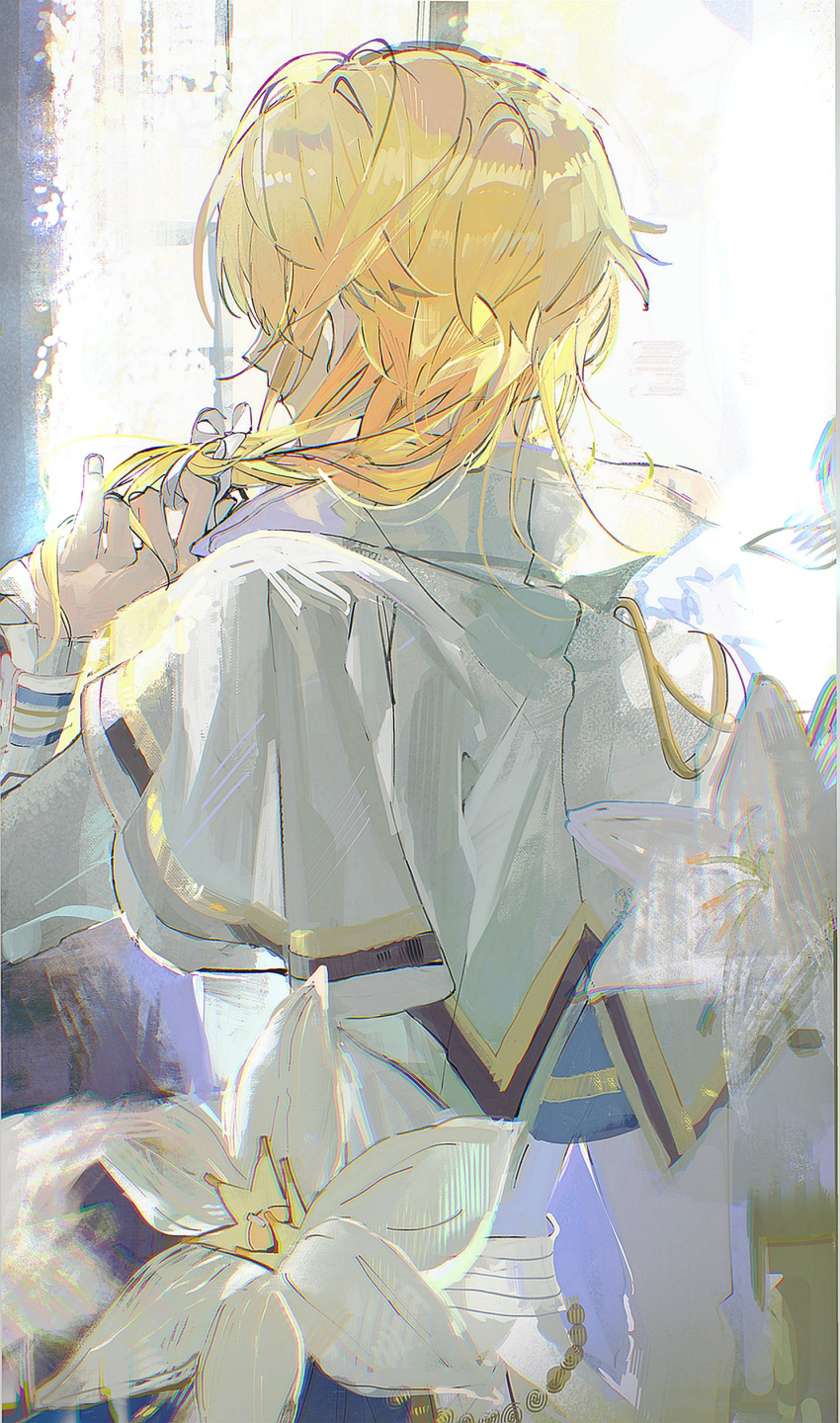 1boy, absurdres, aiguillette, back, back_focus, blonde_hair, capelet, flower