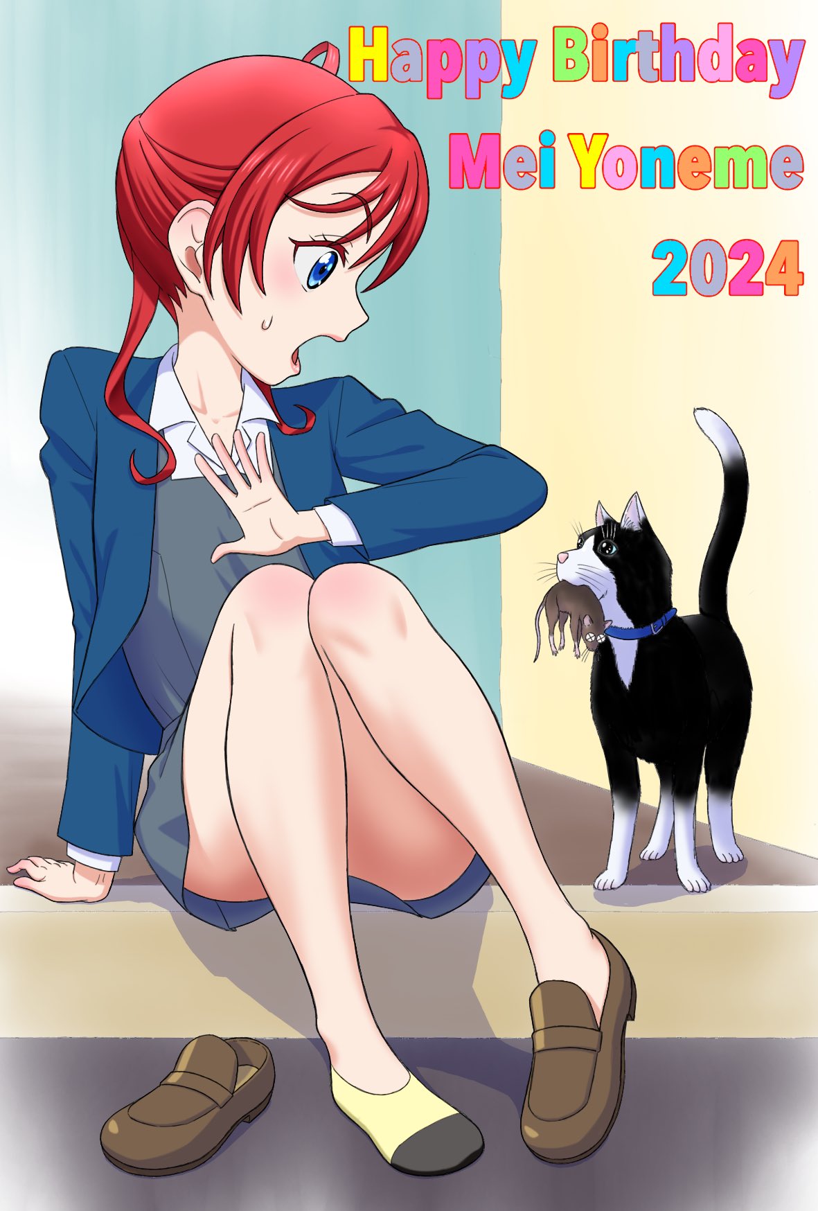 1girl, 2024, blue_eyes, blue_jacket, brown_footwear, cat, character_name, collared_shirt