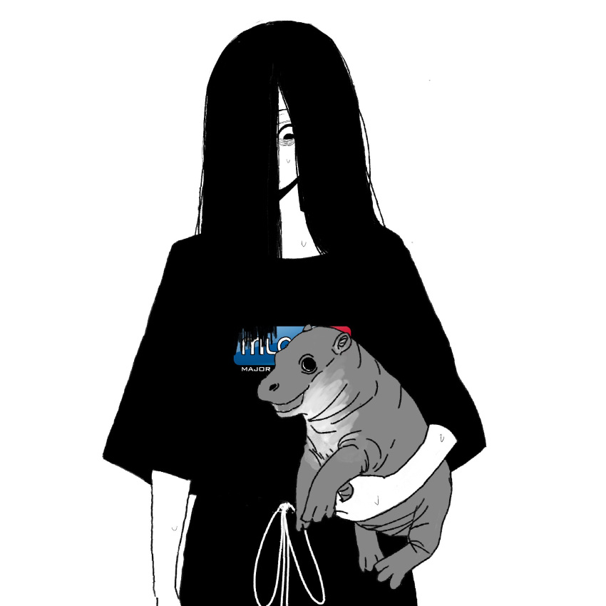 1girl, animal, baby_animal, bags_under_eyes, black_hair, black_shirt, colored_skin, drawstring