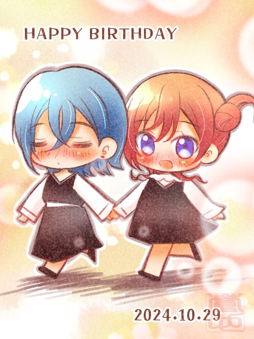2girls, :d, black_dress, black_footwear, black_skirt, black_vest, blue_eyes, blue_hair
