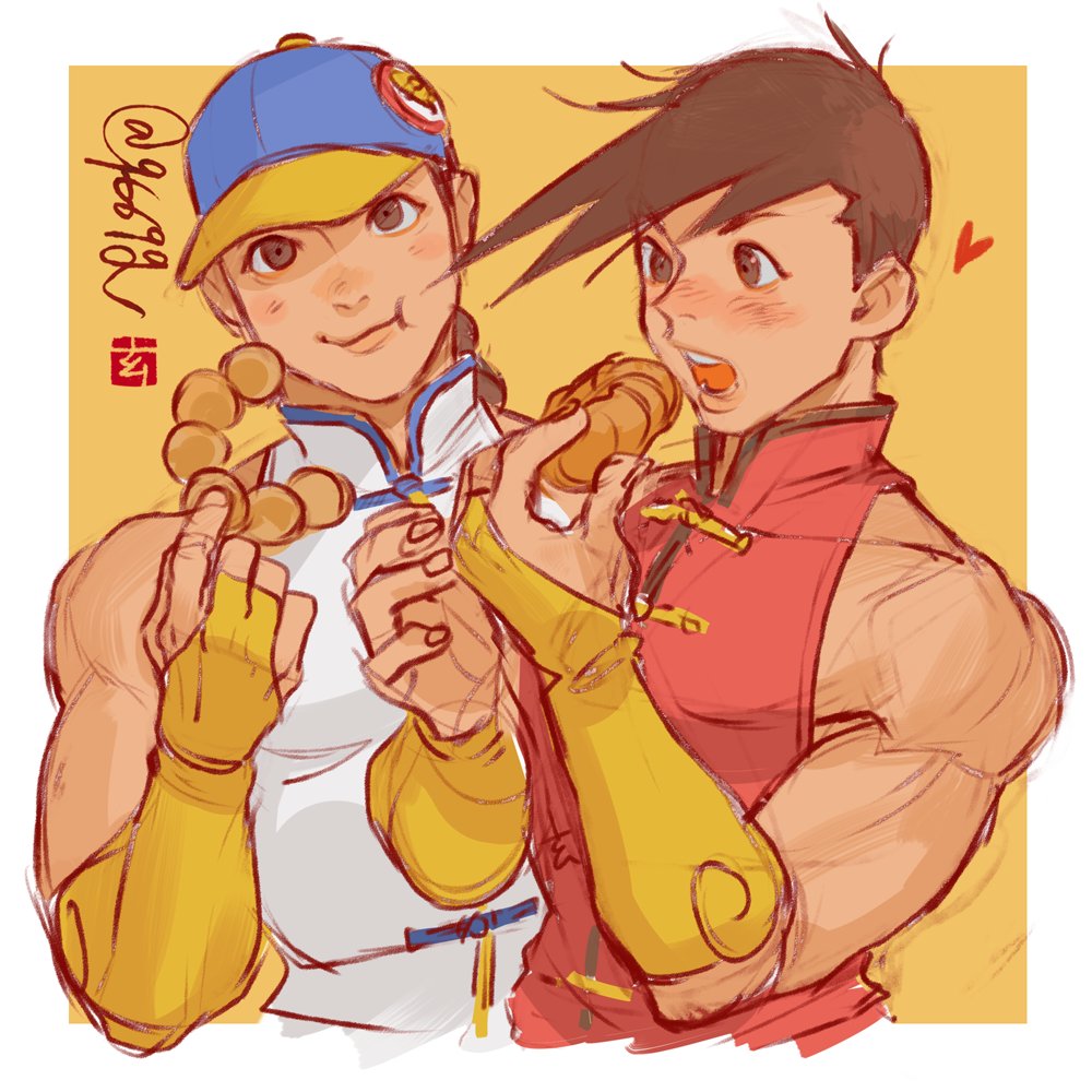 2boys, arm_up, arms_up, bare_shoulders, baseball_cap, black_trim, blue_trim, blush