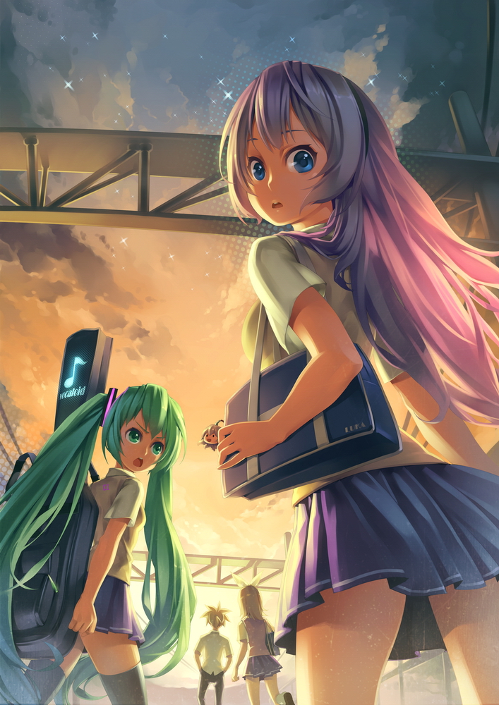bag, cameo, cloud, hatsune_miku, instrument_case, kagamine_len, kagamine_rin, looking_back