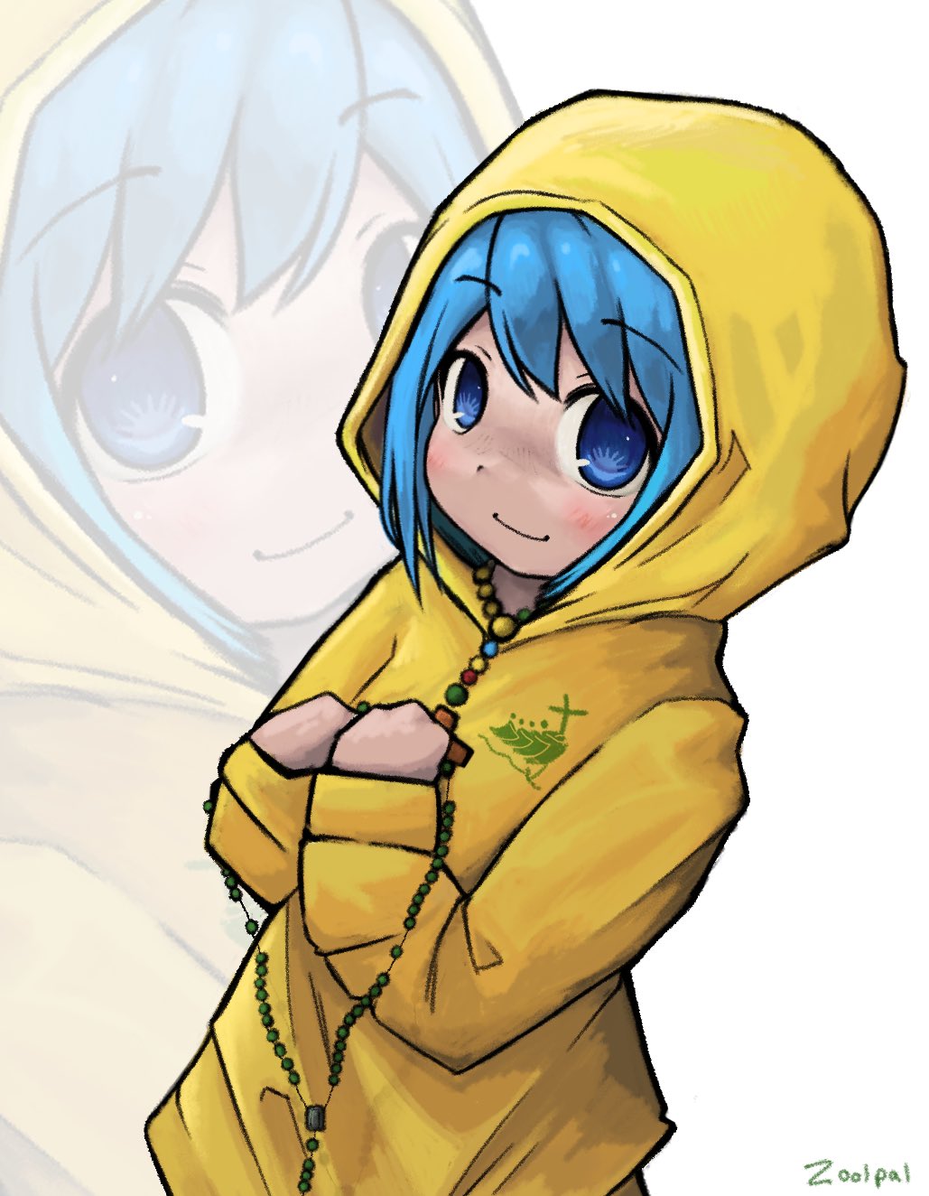 1girl, artist_name, bead_necklace, beads, blue_eyes, blue_hair, blush, clenched_hands