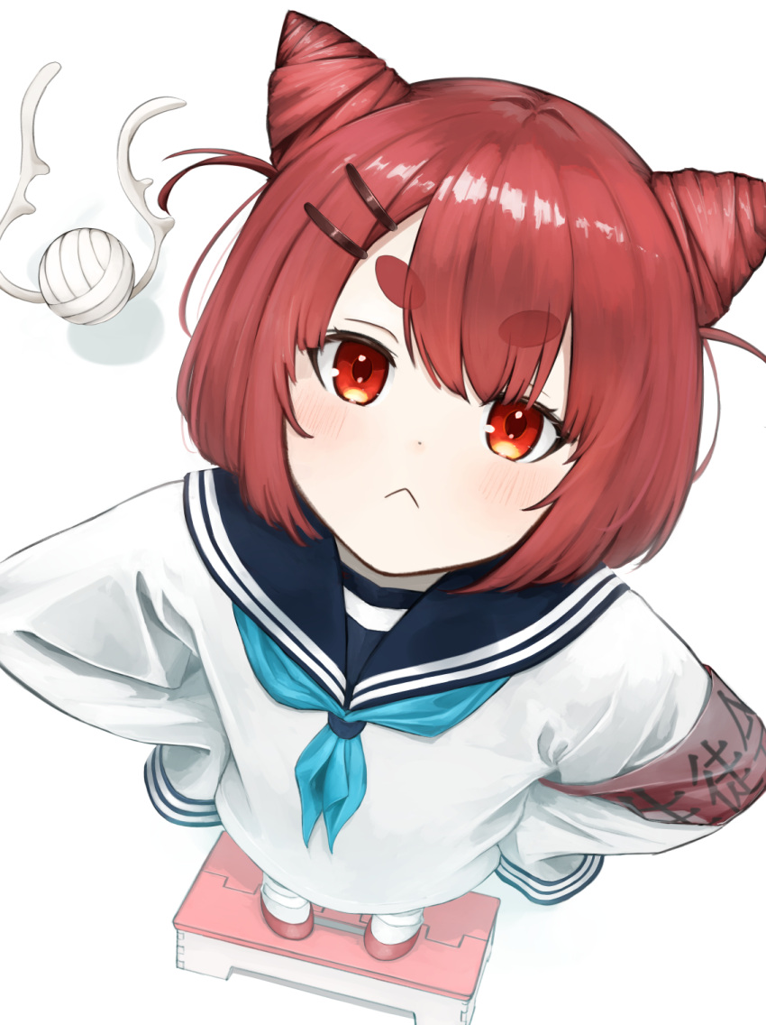 1girl, :<, animal_ears, aqua_neckerchief, armband, baggy_clothes, blue_sailor_collar, blush, bob_cut, breasts, cat_ears, cat_girl, closed_mouth, commentary, cone_hair_bun, creature, double_bun, eyelashes, fake_animal_ears, footstool, foreshortening, from_above, hair_bun, hair_ornament, hairclip, hands_on_own_hips, highres, hikimayu, light_blush, looking_at_viewer, looking_up, loose_hair_strand, ne_ro28, neckerchief, nekoyamada_neko, perspective, pov, red_armband, red_footwear, sailor_collar, shadow, shikanoko_nokonoko_koshitantan, shirt, shoes, short_eyebrows, short_hair, sidelocks, sleeves_past_fingers, sleeves_past_wrists, small_breasts, solo, standing, thick_eyebrows, translated, tsucchii_(shikanoko), two-tone_footwear, uwabaki, very_long_sleeves, white_background, white_footwear, white_shirt