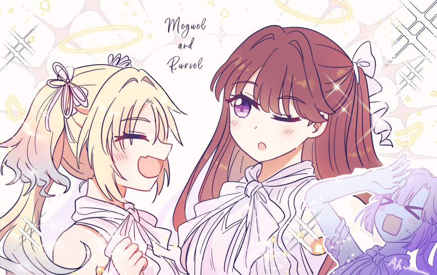 >_<, 3girls, :d, ;o, ^_^, anyoji_hime, armpit_crease, blinding_light