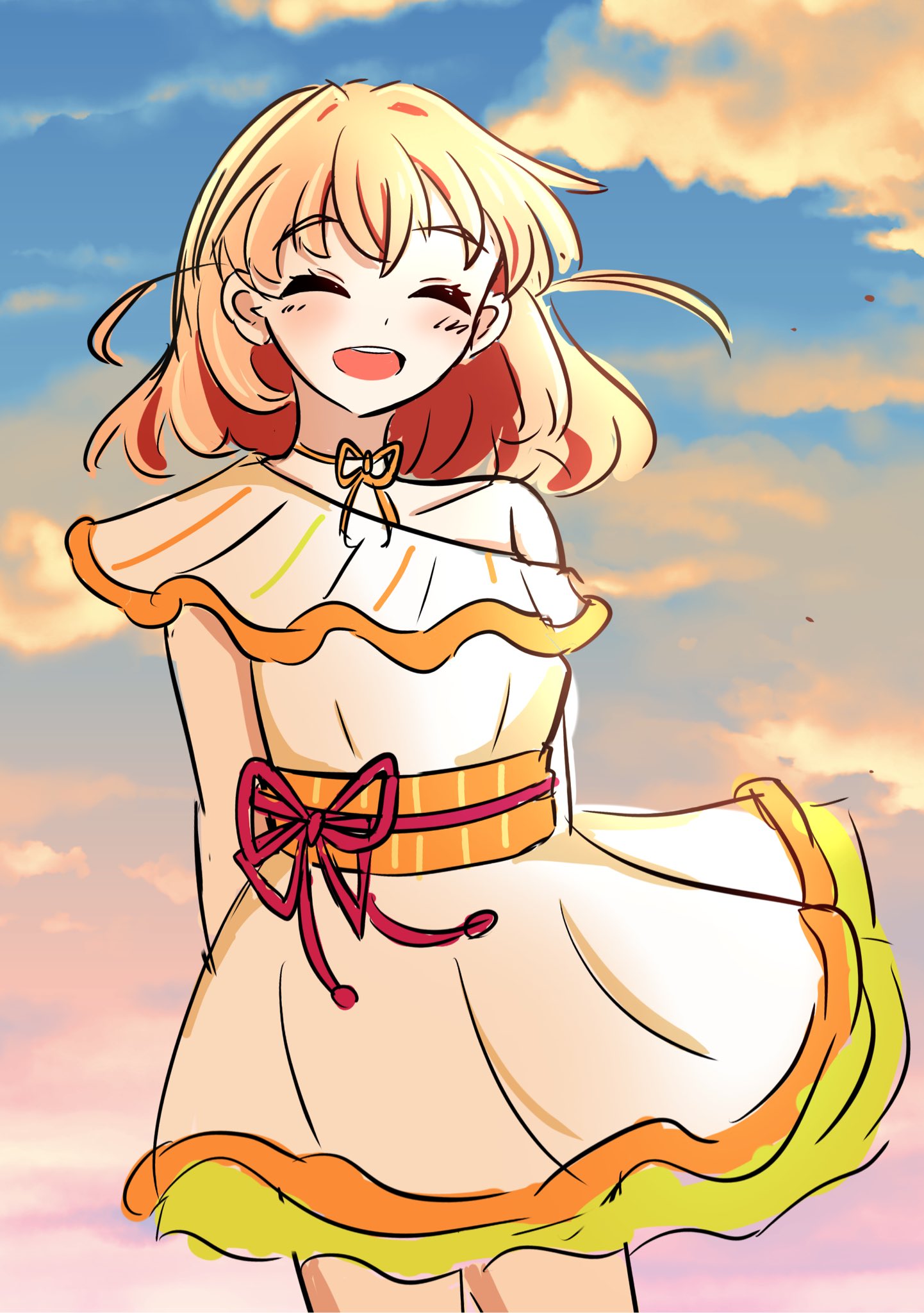 1girl, :d, ^_^, arms_behind_back, blue_sky, blush, closed_eyes, clouds