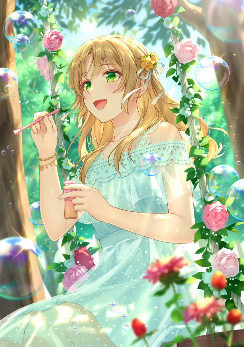 1girl, baby's-breath, backlighting, bare_arms, bare_shoulders, blonde_hair, blowing_bubbles, blue_sky