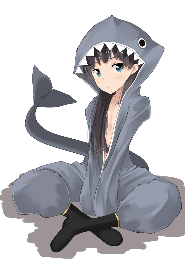 bad_id, black_hair, blue_eyes, costume, ice_(artist), long_hair, original, shark, shark_suit, sitting, solo