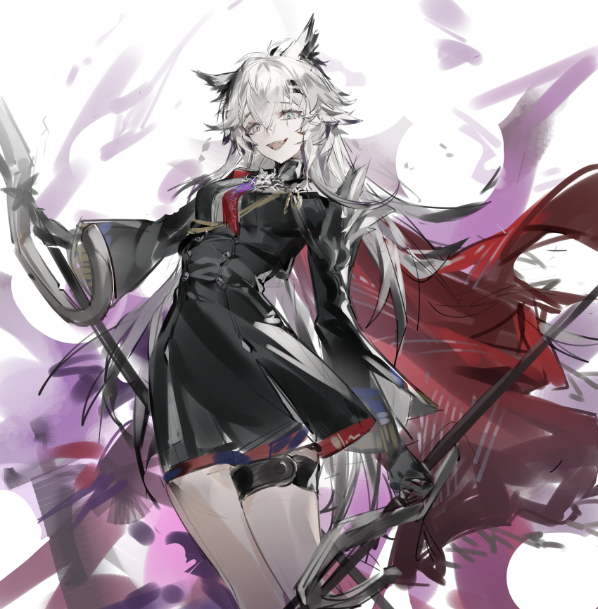 1girl, :d, absurdres, aiguillette, animal_ear_fluff, animal_ears, arched_back, arknights